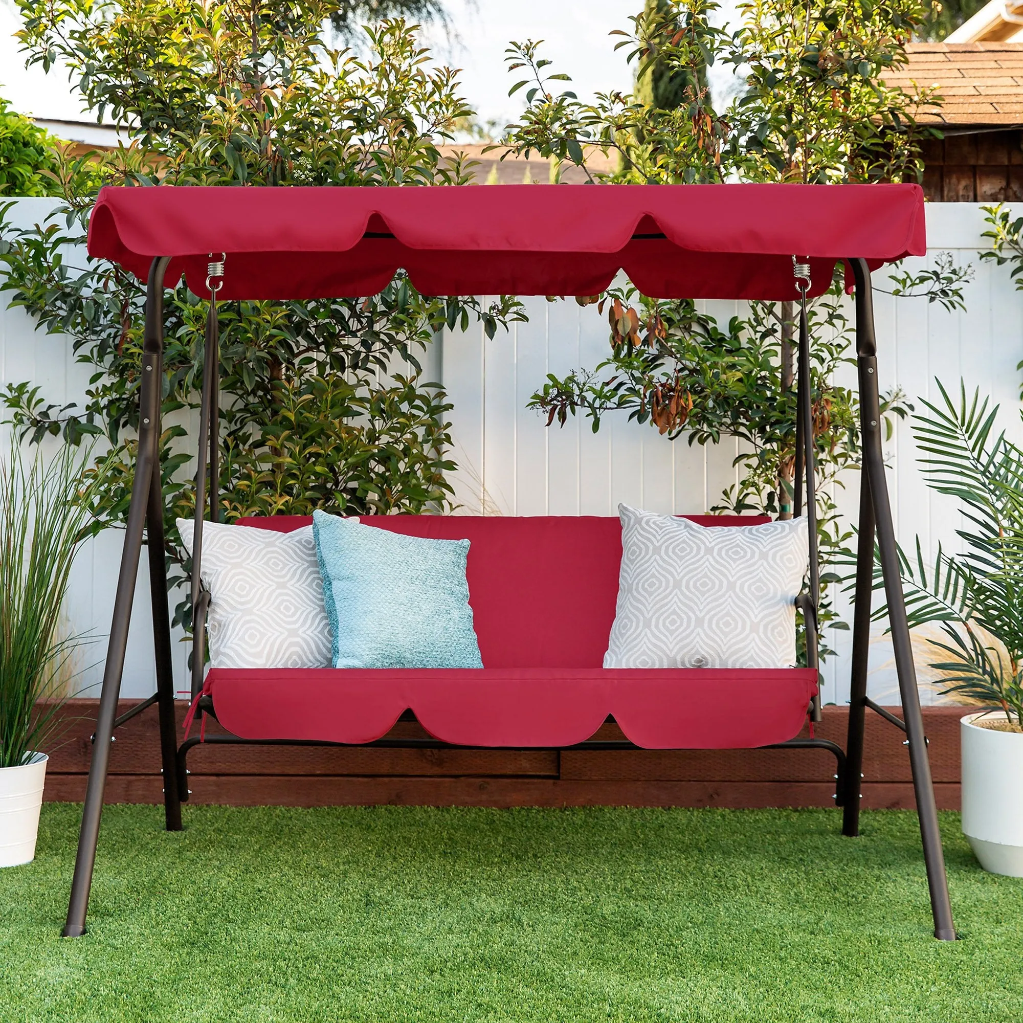 2-Person Outdoor Canopy Swing Glider Furniture w/ Cushions, Steel Frame