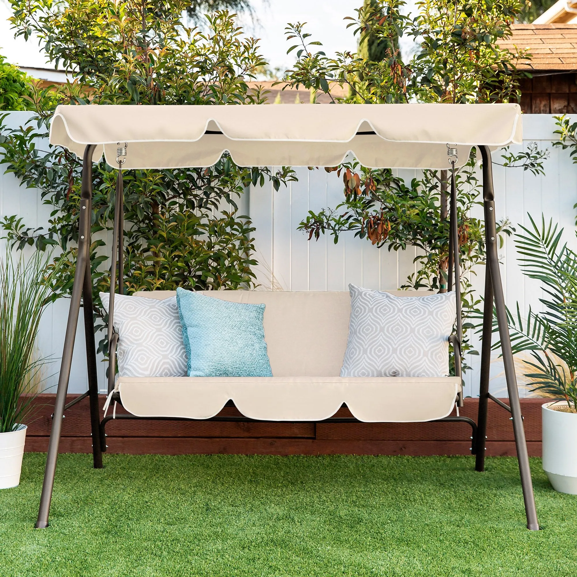 2-Person Outdoor Canopy Swing Glider Furniture w/ Cushions, Steel Frame