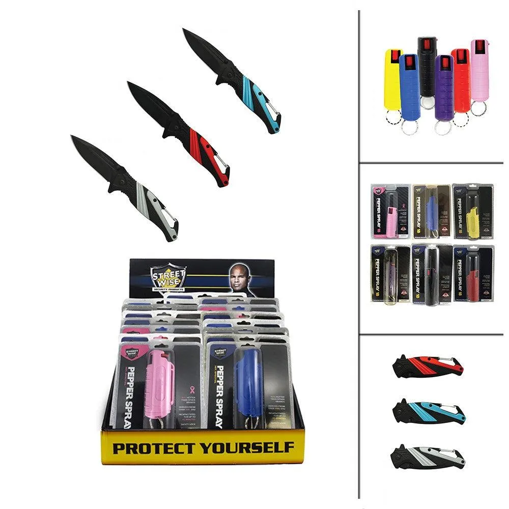 24 Units Pepper Sprays and Folding Stainless Steel Knife with Carabiner Bundle