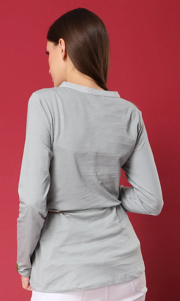 34068 Grey Basic Buttoned Henley T-Shirt