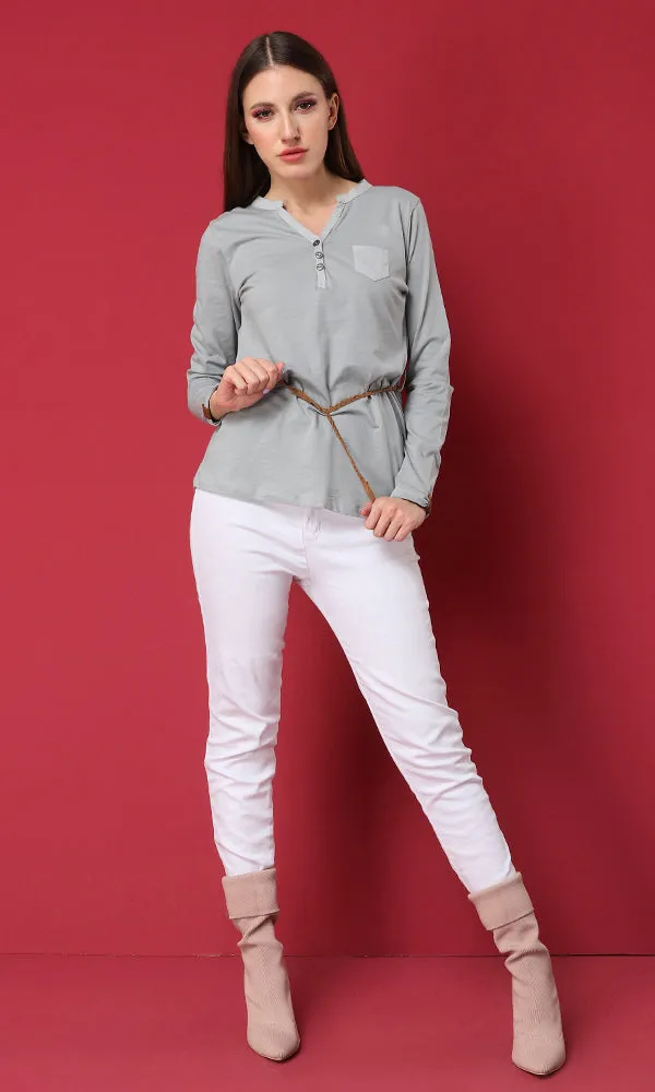 34068 Grey Basic Buttoned Henley T-Shirt