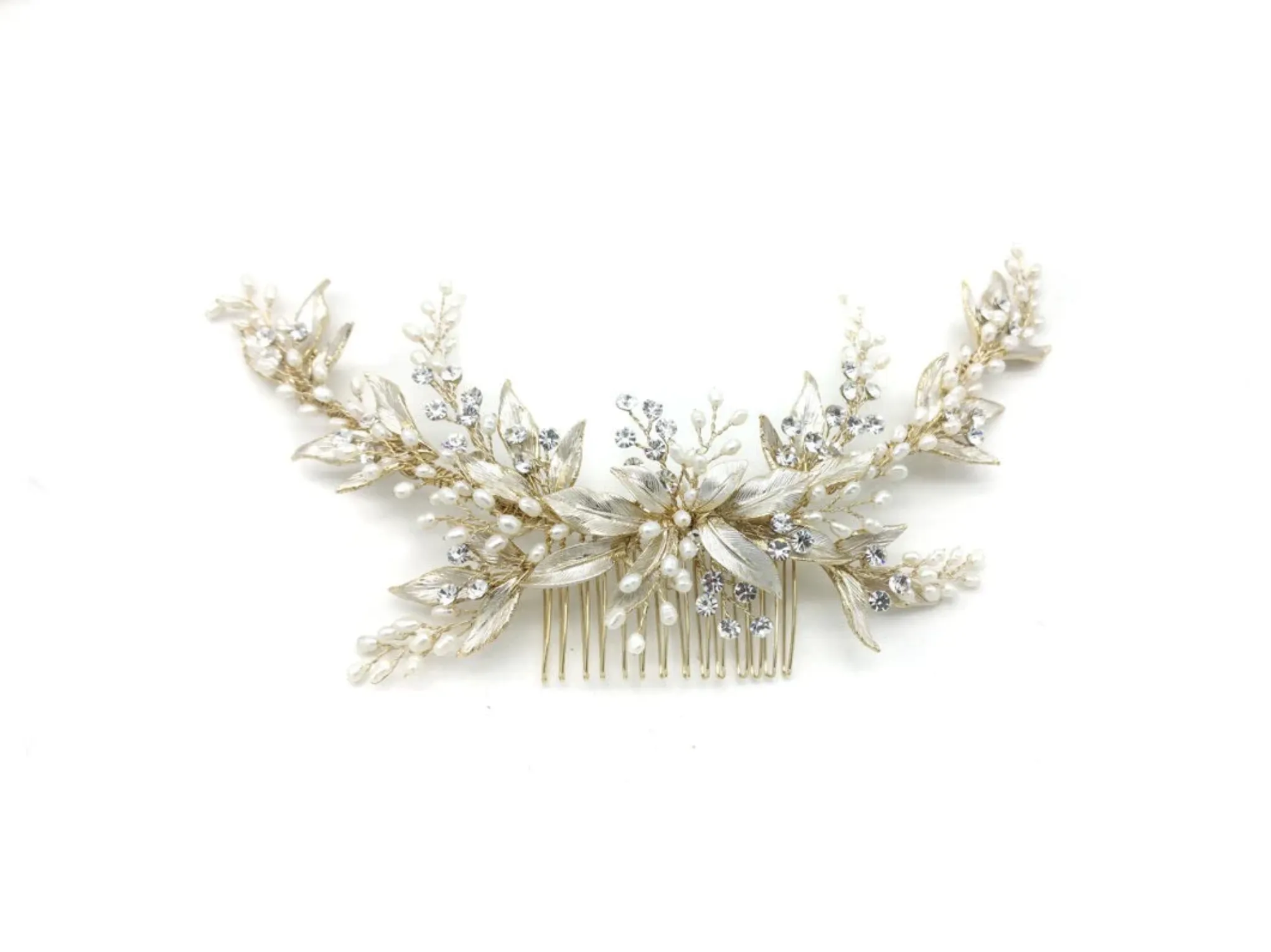 Amelia - Statement Leaf Crystal Pearl Bridal Comb