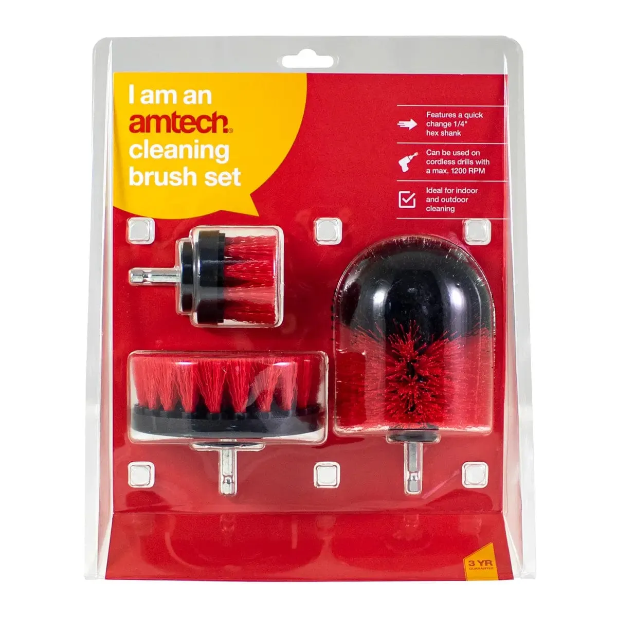 Amtech 3 Piece Drill Cleaning Brush Attachment Set 1/4" Hex