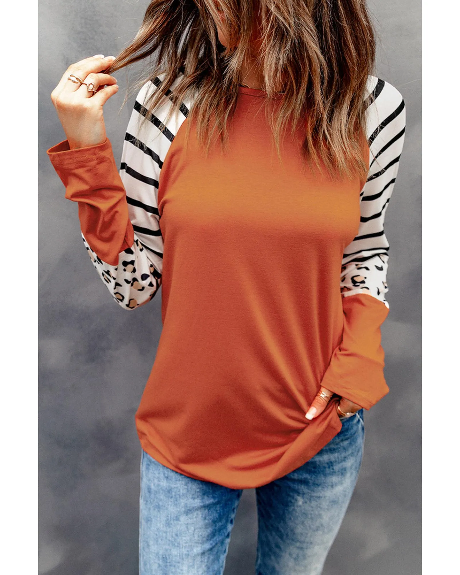 Azura Exchange Animal Print Long Sleeve Top with Striped Colorblock - M