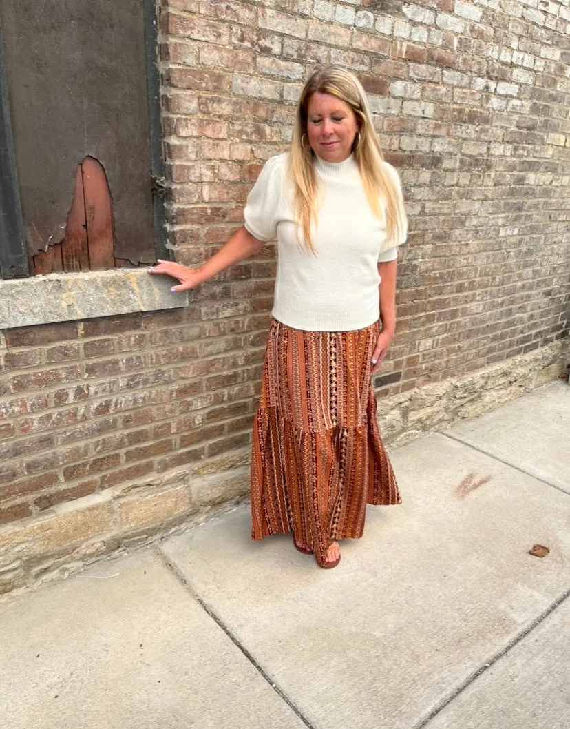 Brown Tribal Print Smocked Waist Boho Skirt