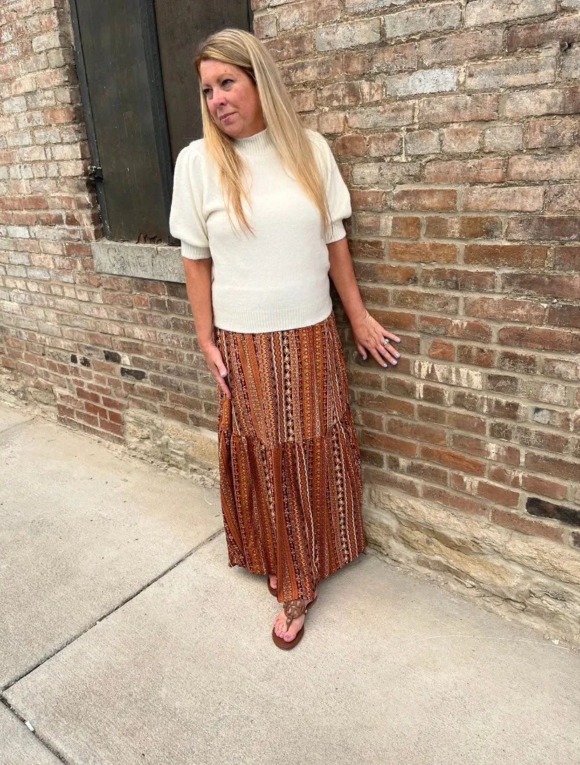 Brown Tribal Print Smocked Waist Boho Skirt