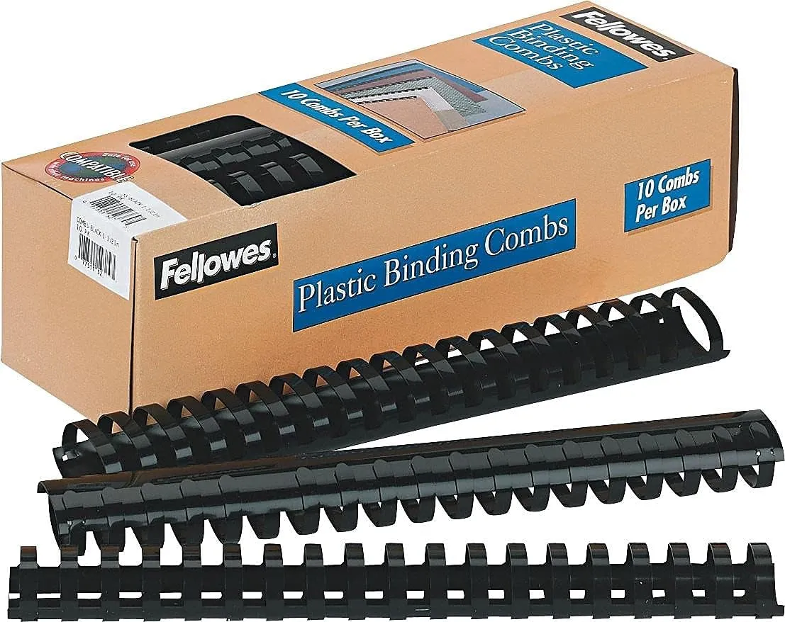 Fellowes Plastic Comb Bindings, 1.5 Inches, 340-Sheet Capacity, Black, 10 per Pack (52066)