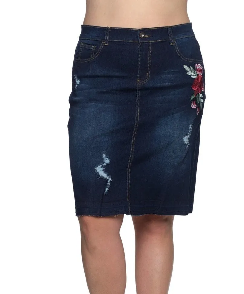 Floral Embroidered Denim Skirt