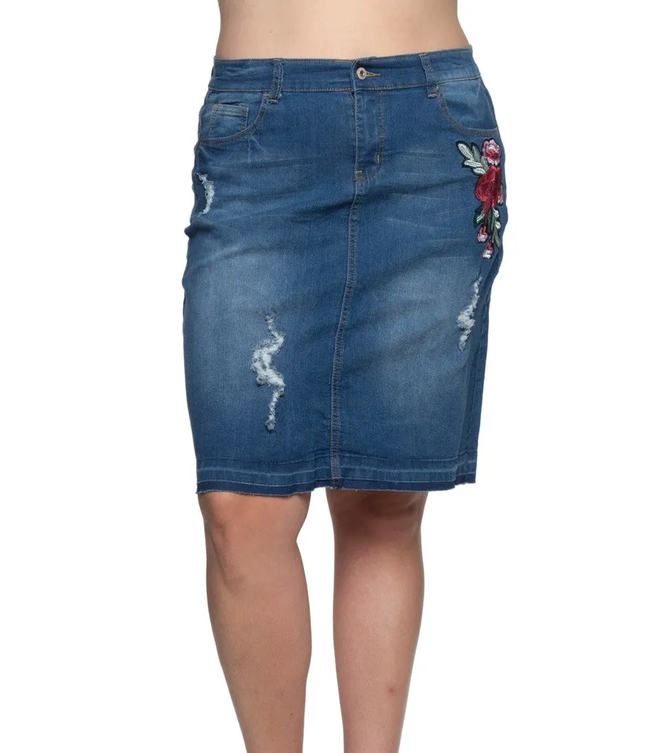 Floral Embroidered Denim Skirt