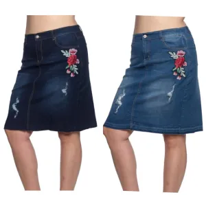 Floral Embroidered Denim Skirt