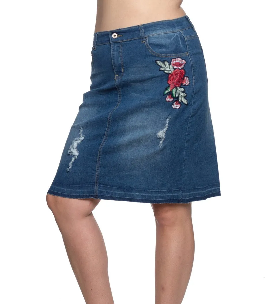 Floral Embroidered Denim Skirt