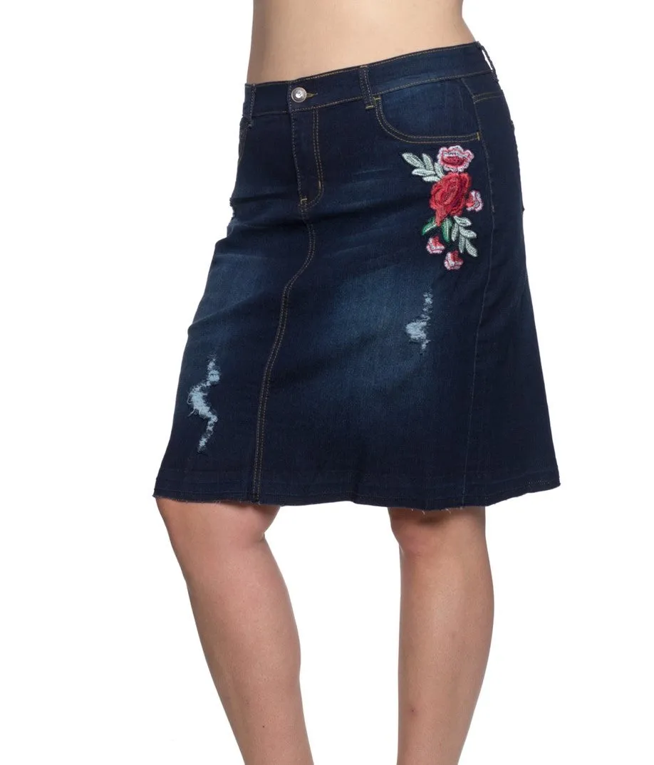 Floral Embroidered Denim Skirt