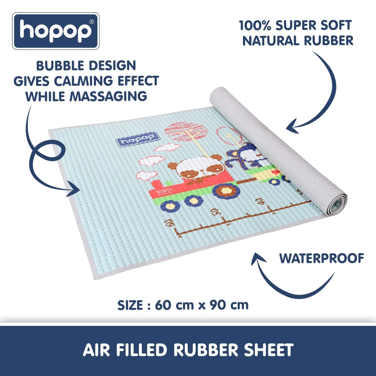 Hopop Air Filled Rubber Mat | Multipurpose Waterproof Mat for Baby Massage or Diaper Change | Size 60x90cms | Train-Blue