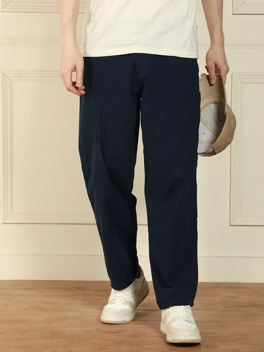 Men's Navy  Relaxed Fit Solid Cotton Lycra Stretchable Trousers