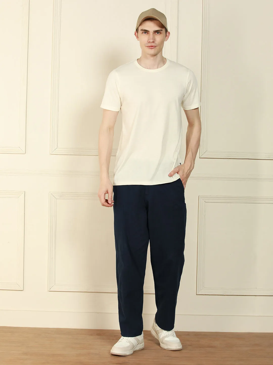 Men's Navy  Relaxed Fit Solid Cotton Lycra Stretchable Trousers