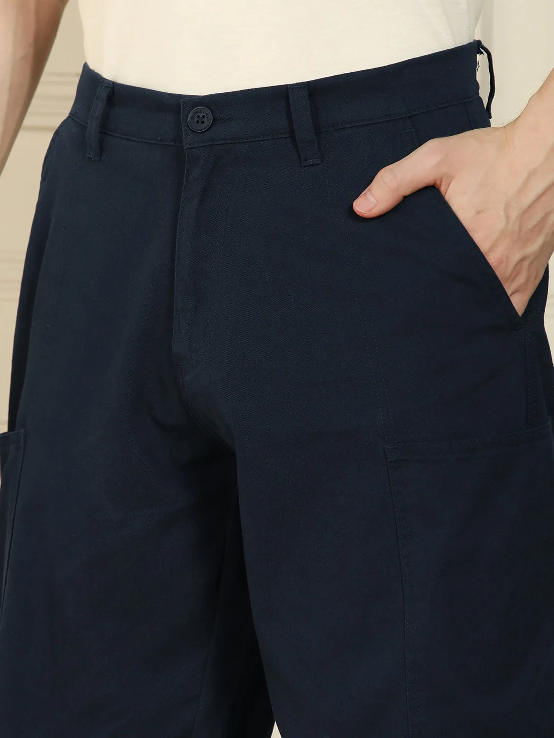 Men's Navy  Relaxed Fit Solid Cotton Lycra Stretchable Trousers