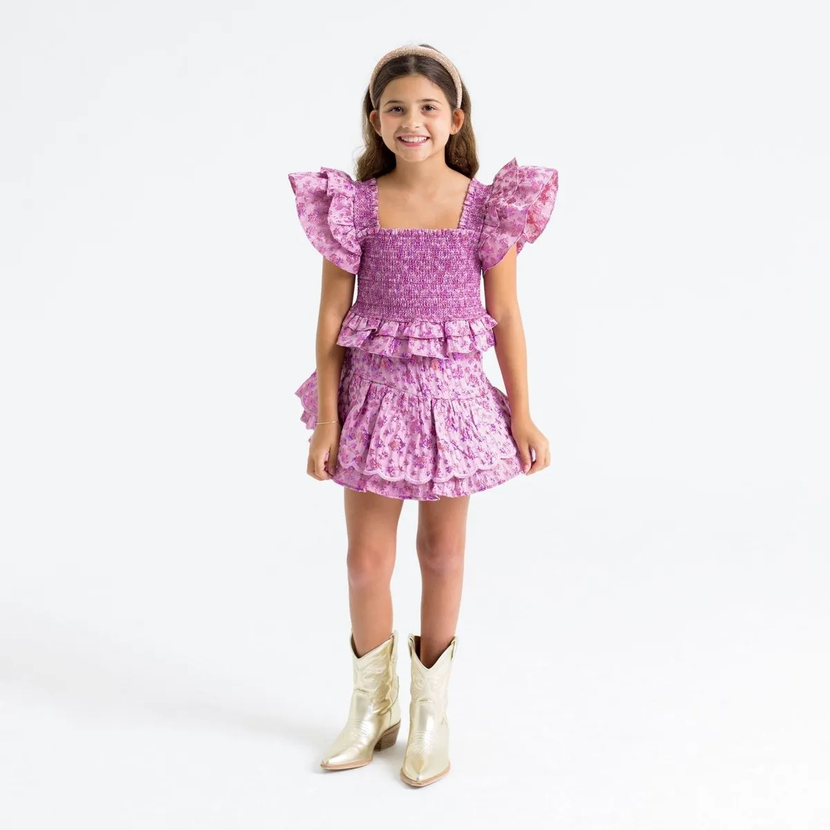 MYSTIQUE TYLER SMOCKED TOP AND RUFFLE SKIRT SET