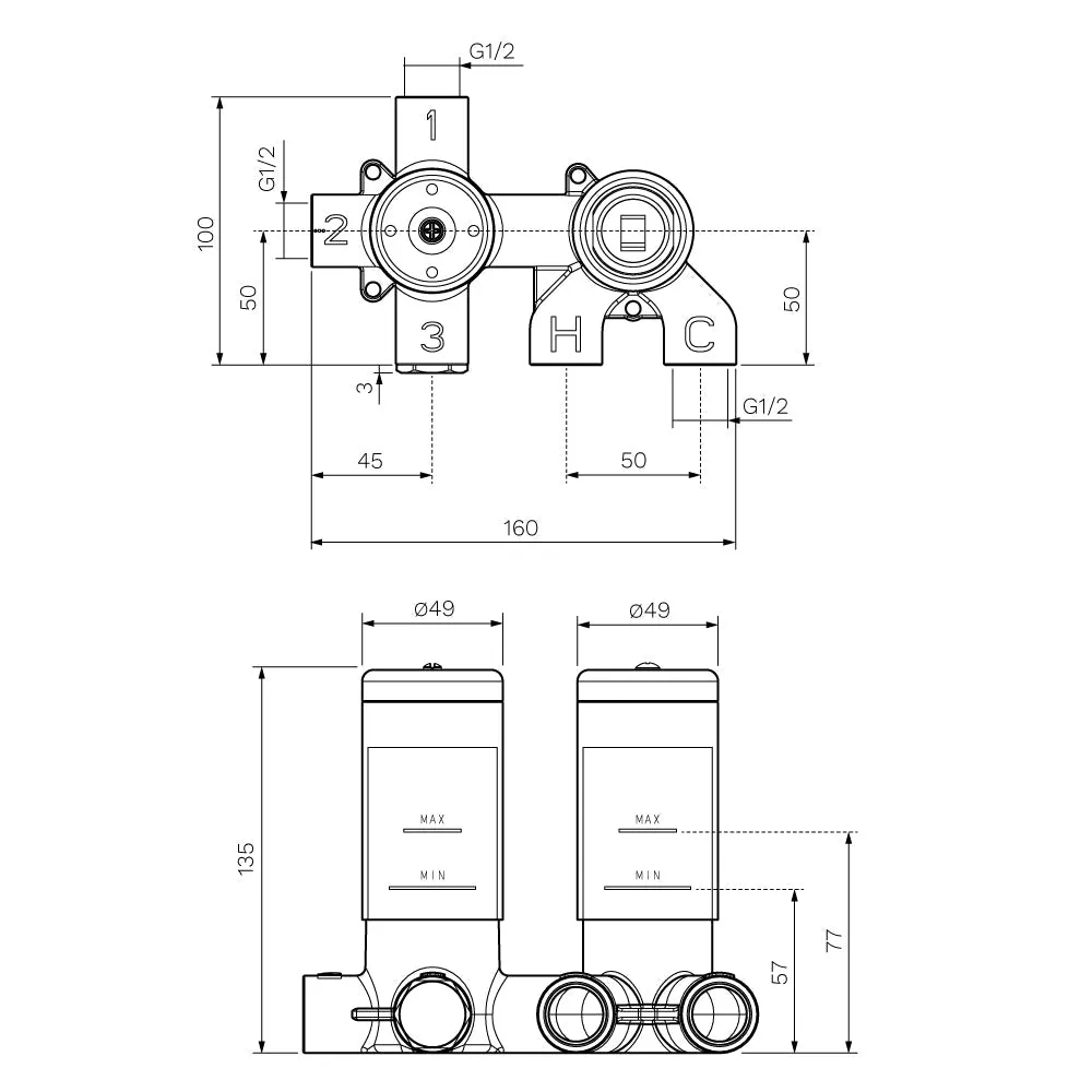 Parisi Recessed Diverter Mixer Body (2-way) ON/OFF