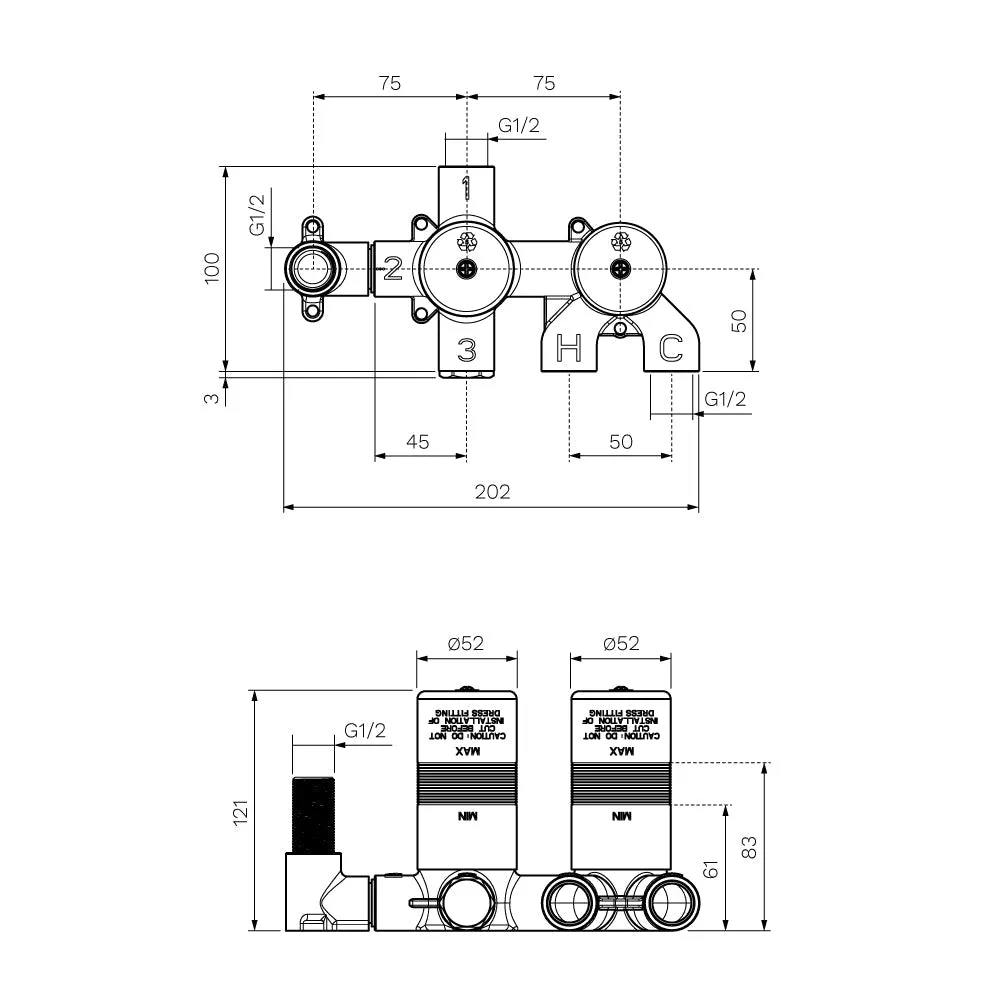 Parisi Recessed Diverter Mixer Body (2-way) with Outlet ON/OFF