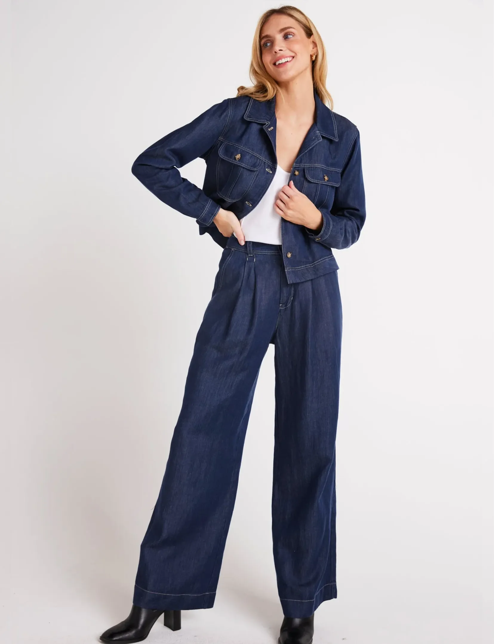 Pleated Wide Leg Pant, Dark Denim