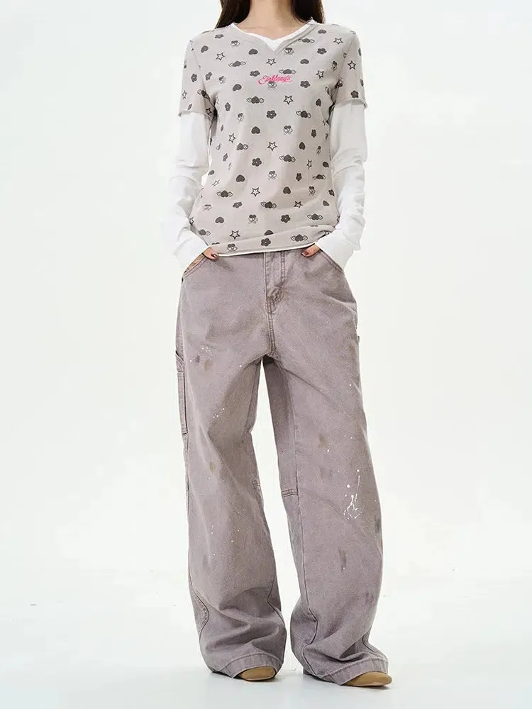 Relaxed Fit Casual Paint-Splatter Pants