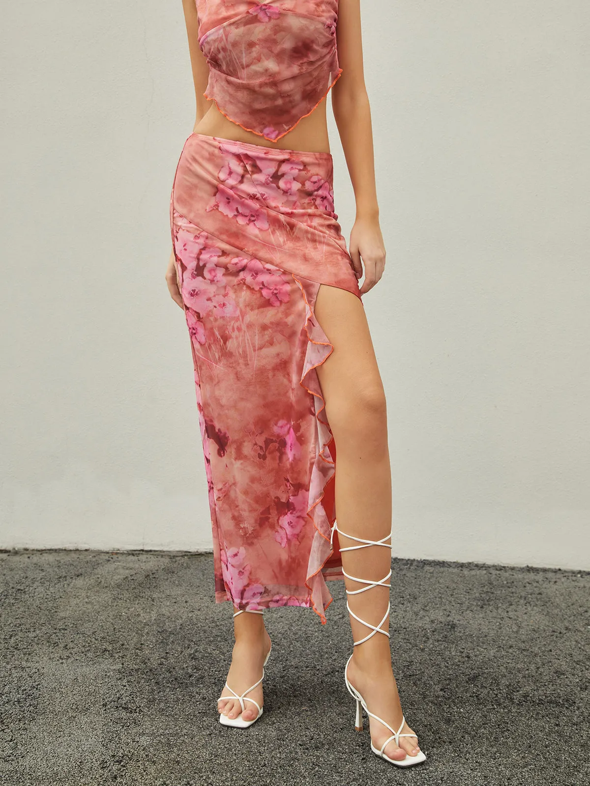 Ruffle Trim Floral Trendy Print Maxi Skirt