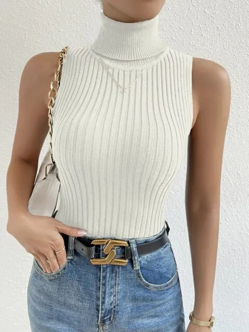 Summer Women Basics Solid Turtleneck Ribbed Knit Sleeveless Knit