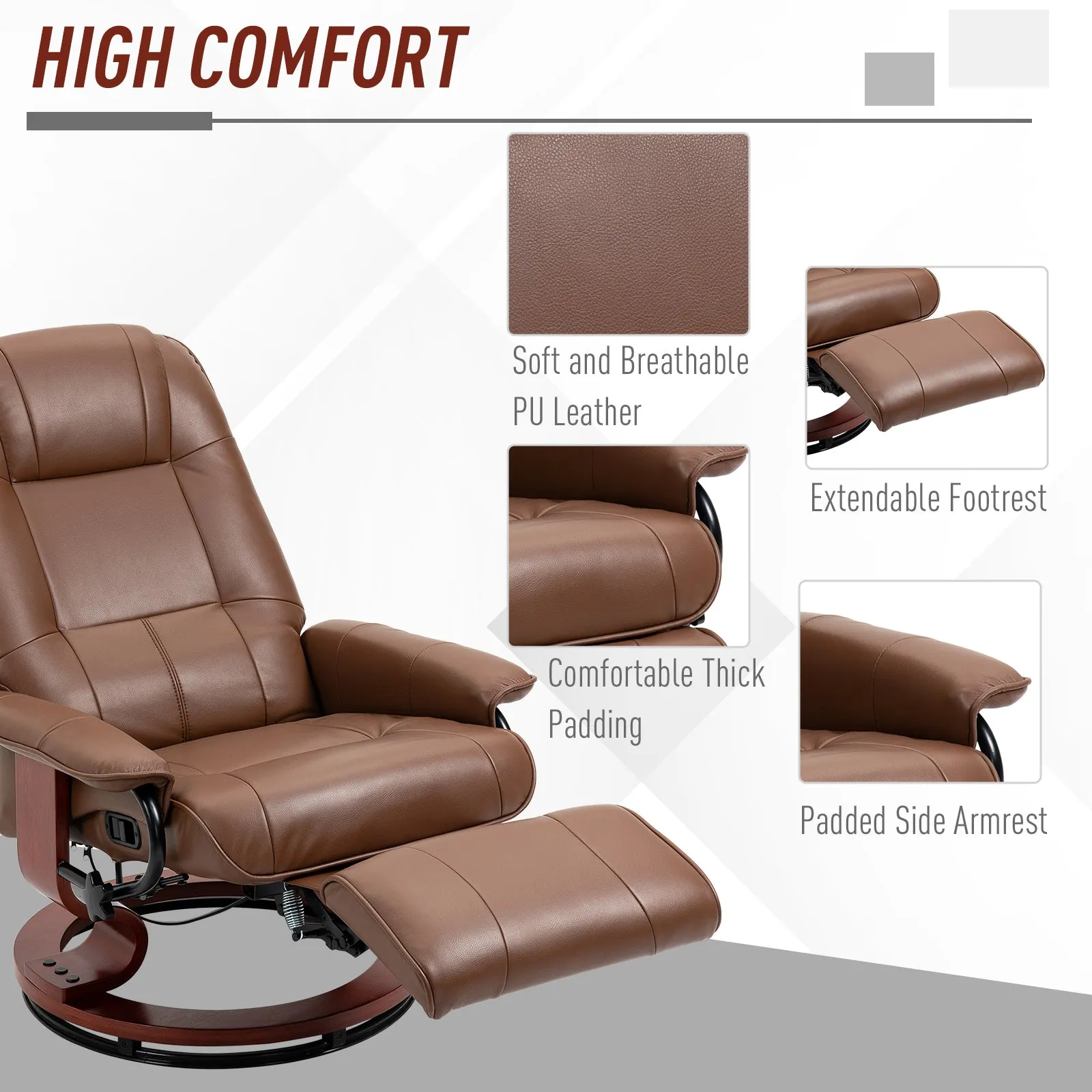 Swivel Recliner, Faux Leather Reclining Chair, Upholstered Armchair with Wooden Base for Living Room, Bedroom, Brown