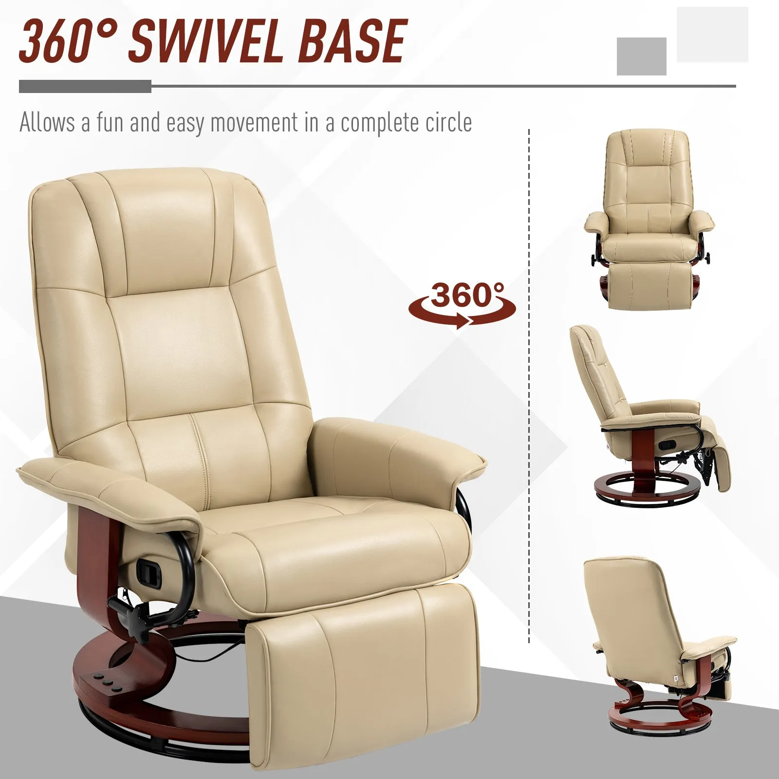 Swivel Recliner, Faux Leather Reclining Chair, Upholstered Armchair with Wooden Base for Living Room, Bedroom, Cream