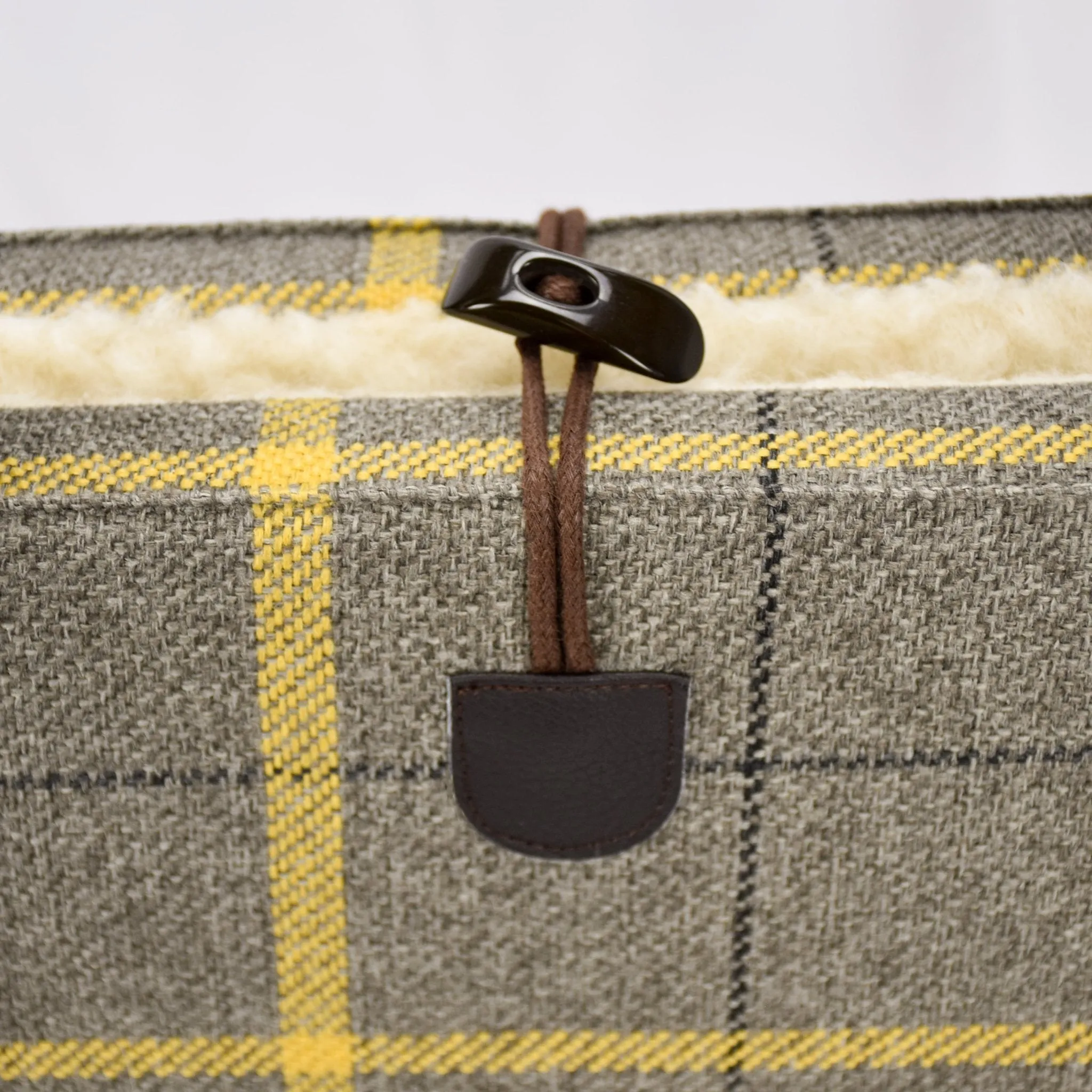 Travel Dog Bed - Beige & Gold Country Plaid with Fluffy Wool Lining