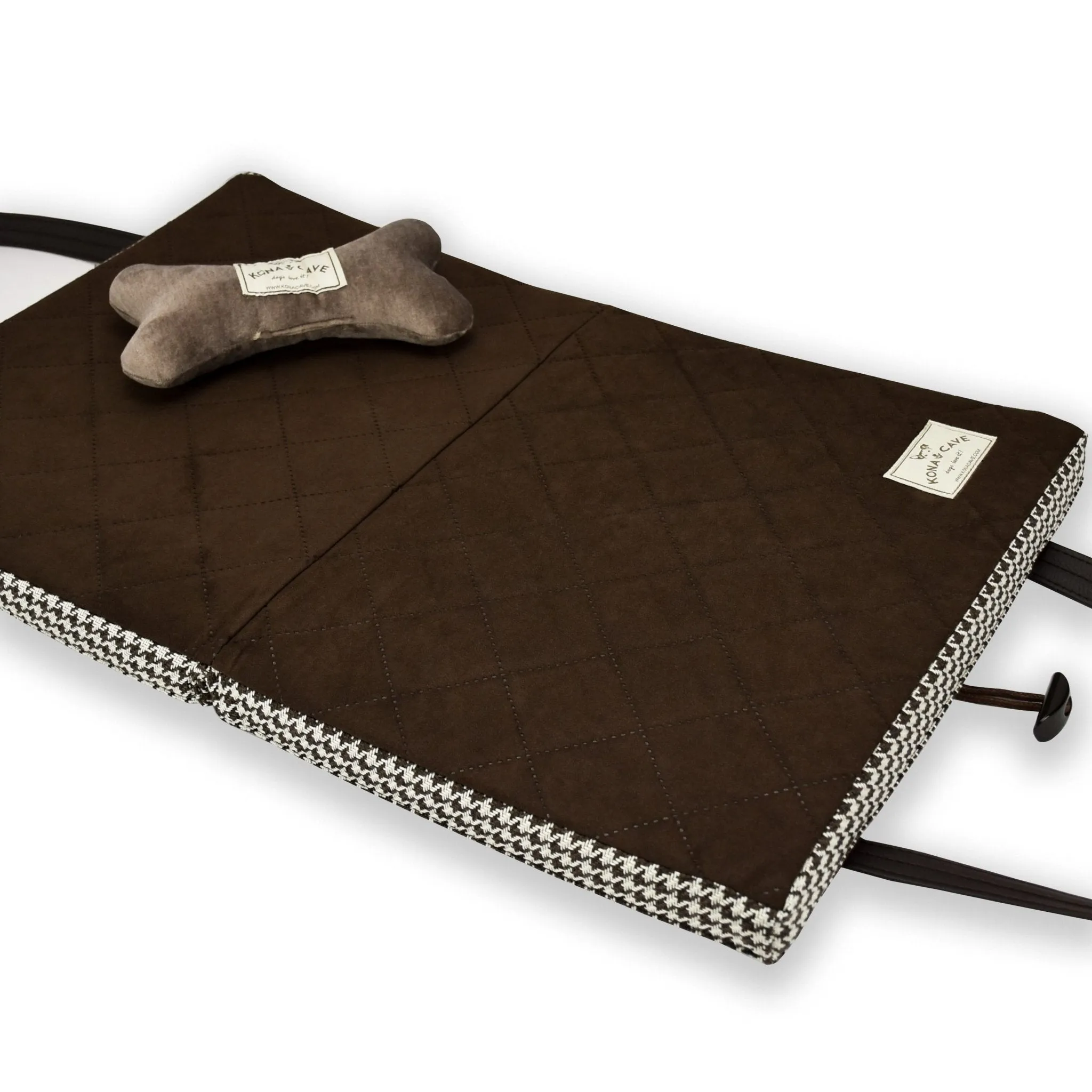 Travel Dog Bed - Brown and White Houndstooth with Ultra-Suede Lining