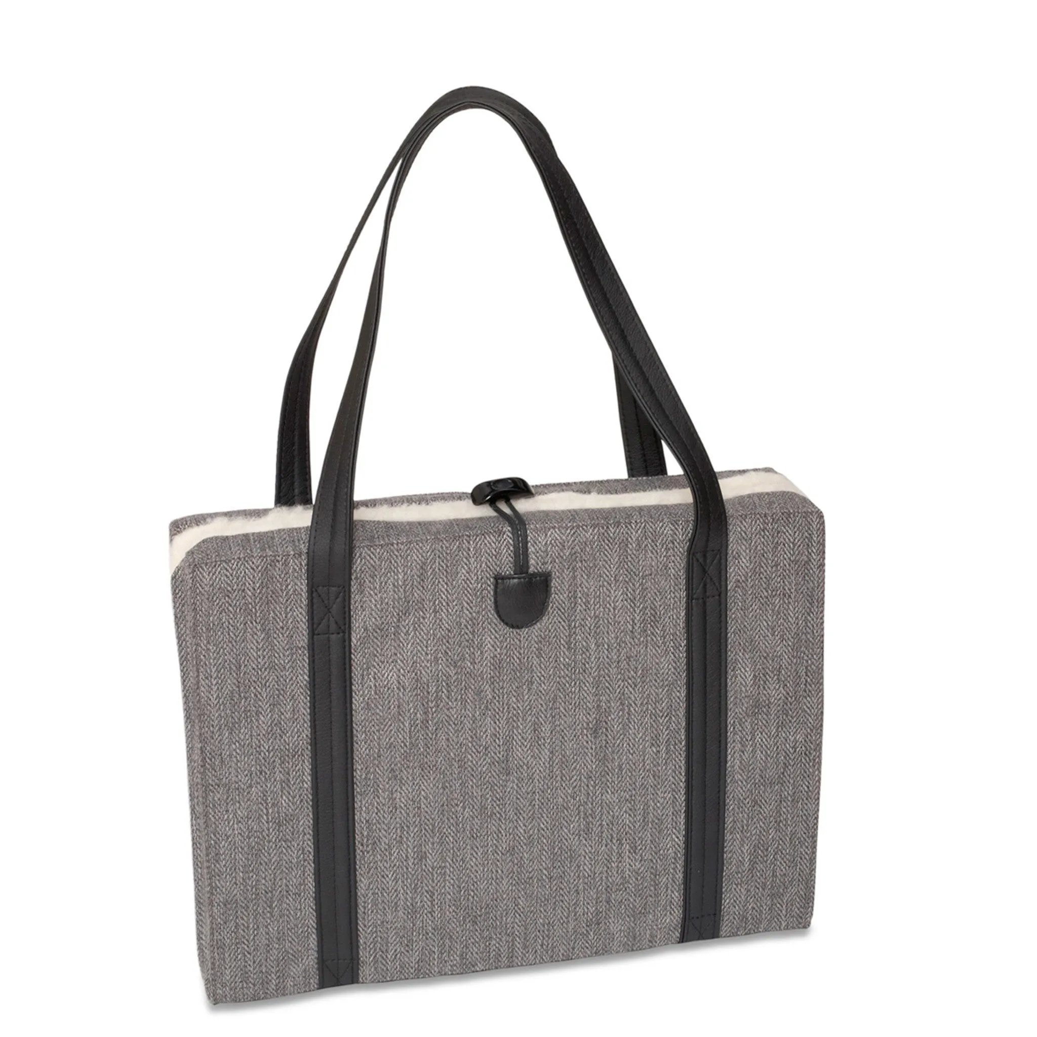 Travel Dog Bed - Grey Herringbone with Fluffy Wool Lining