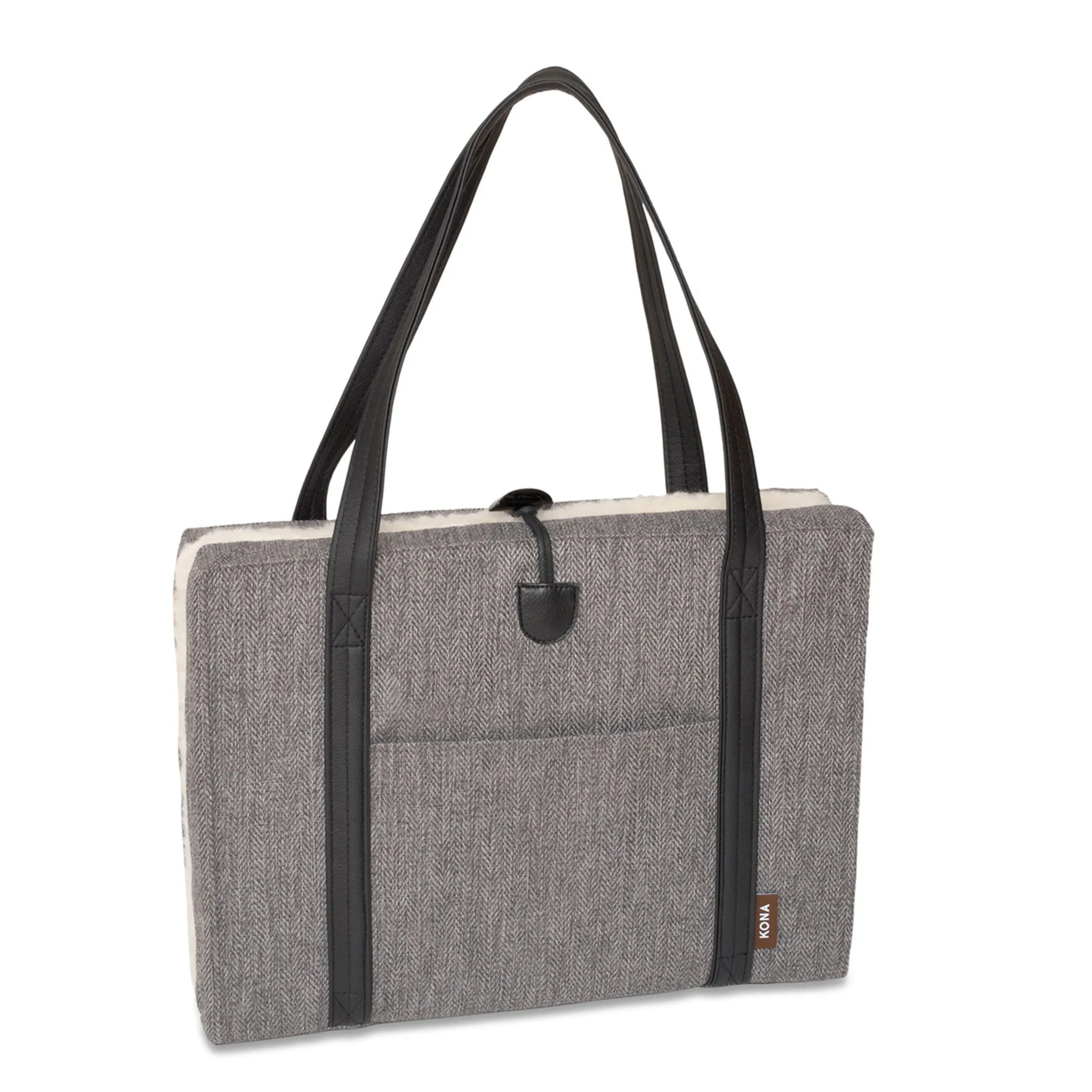 Travel Dog Bed - Grey Herringbone with Fluffy Wool Lining