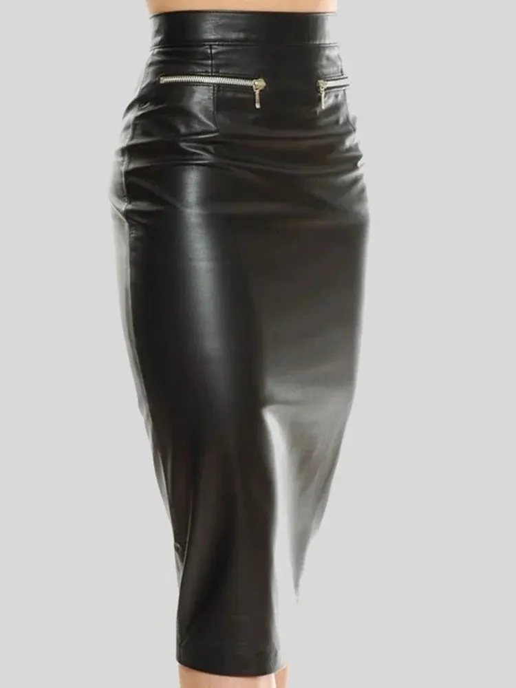 Trend4us Women's High-Waisted Faux Leather Zipper Pencil Skirt