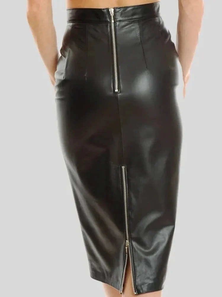 Trend4us Women's High-Waisted Faux Leather Zipper Pencil Skirt