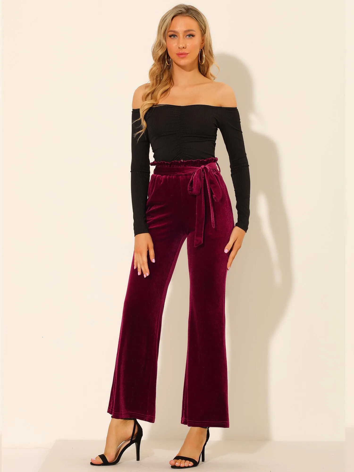 Velvet Tie Waist Pockets Stretchy Wide Leg Pants