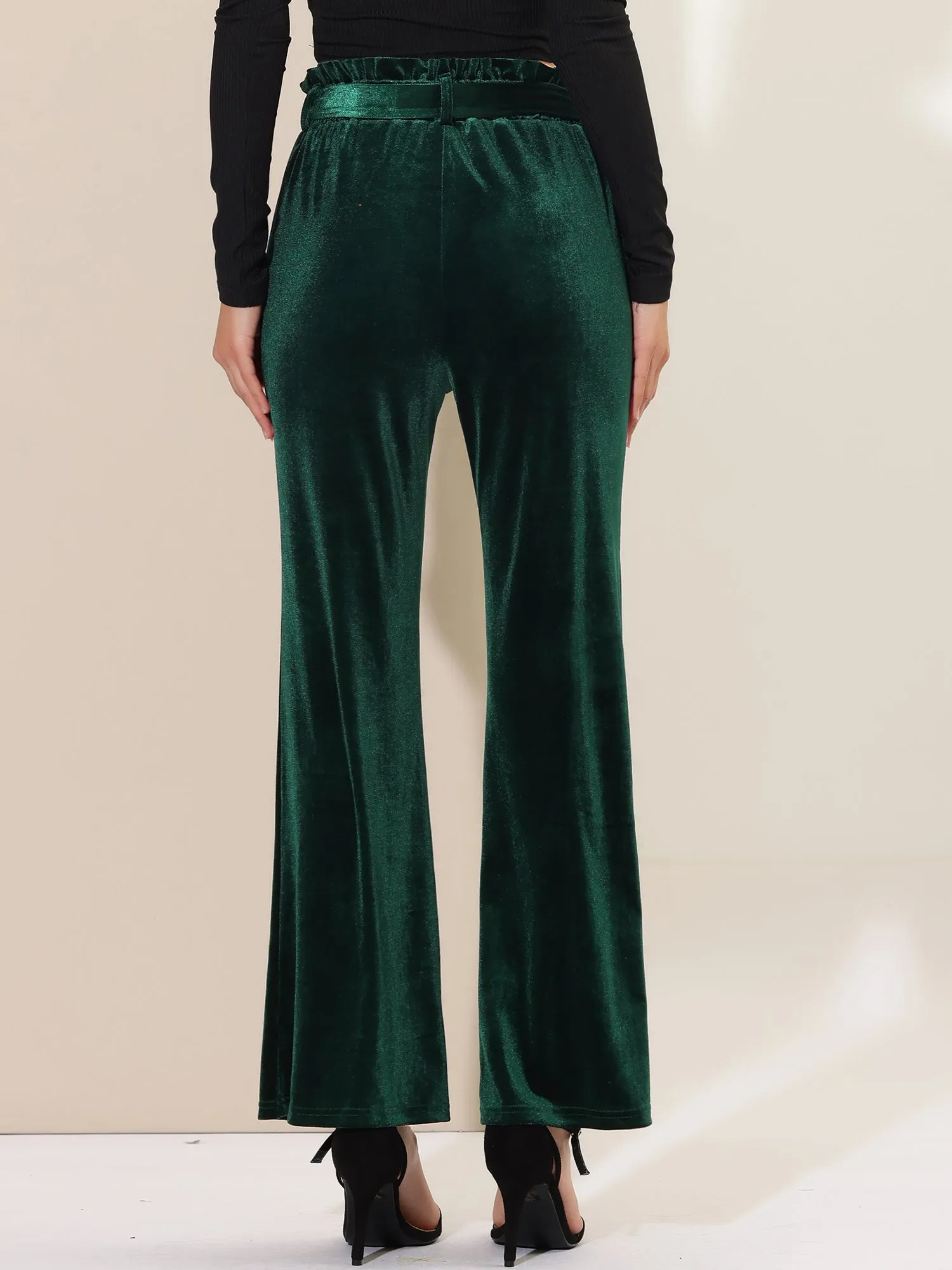 Velvet Tie Waist Pockets Stretchy Wide Leg Pants