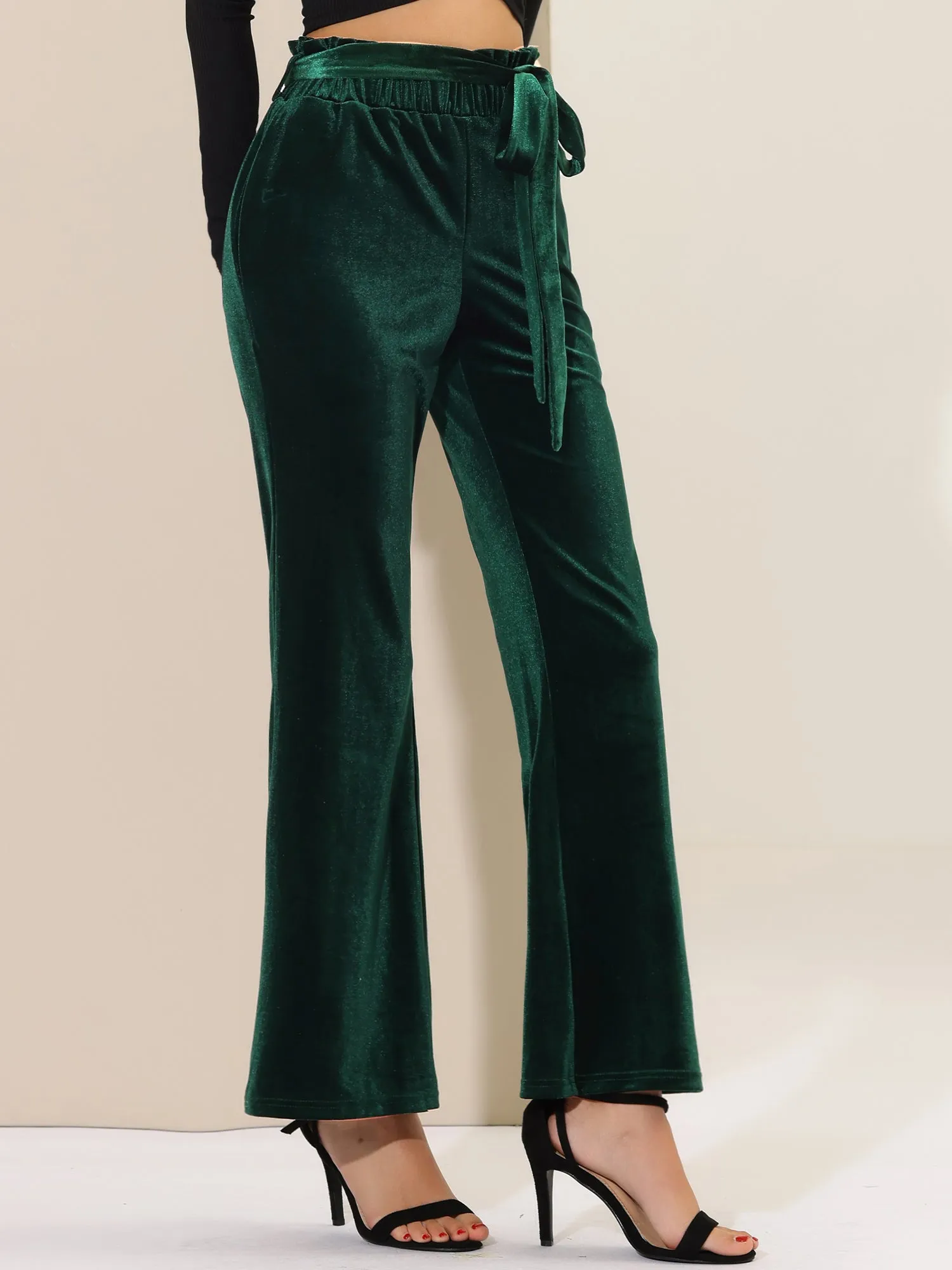 Velvet Tie Waist Pockets Stretchy Wide Leg Pants