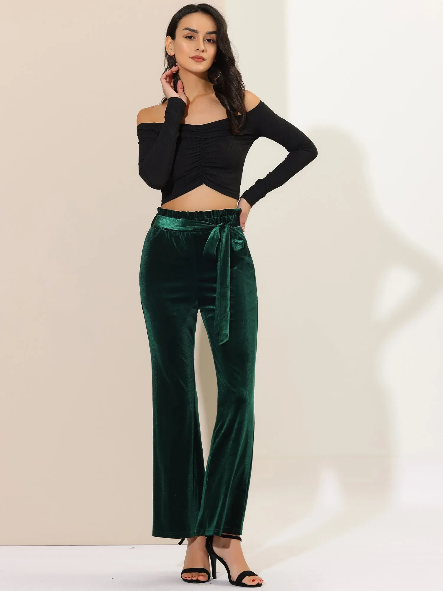 Velvet Tie Waist Pockets Stretchy Wide Leg Pants