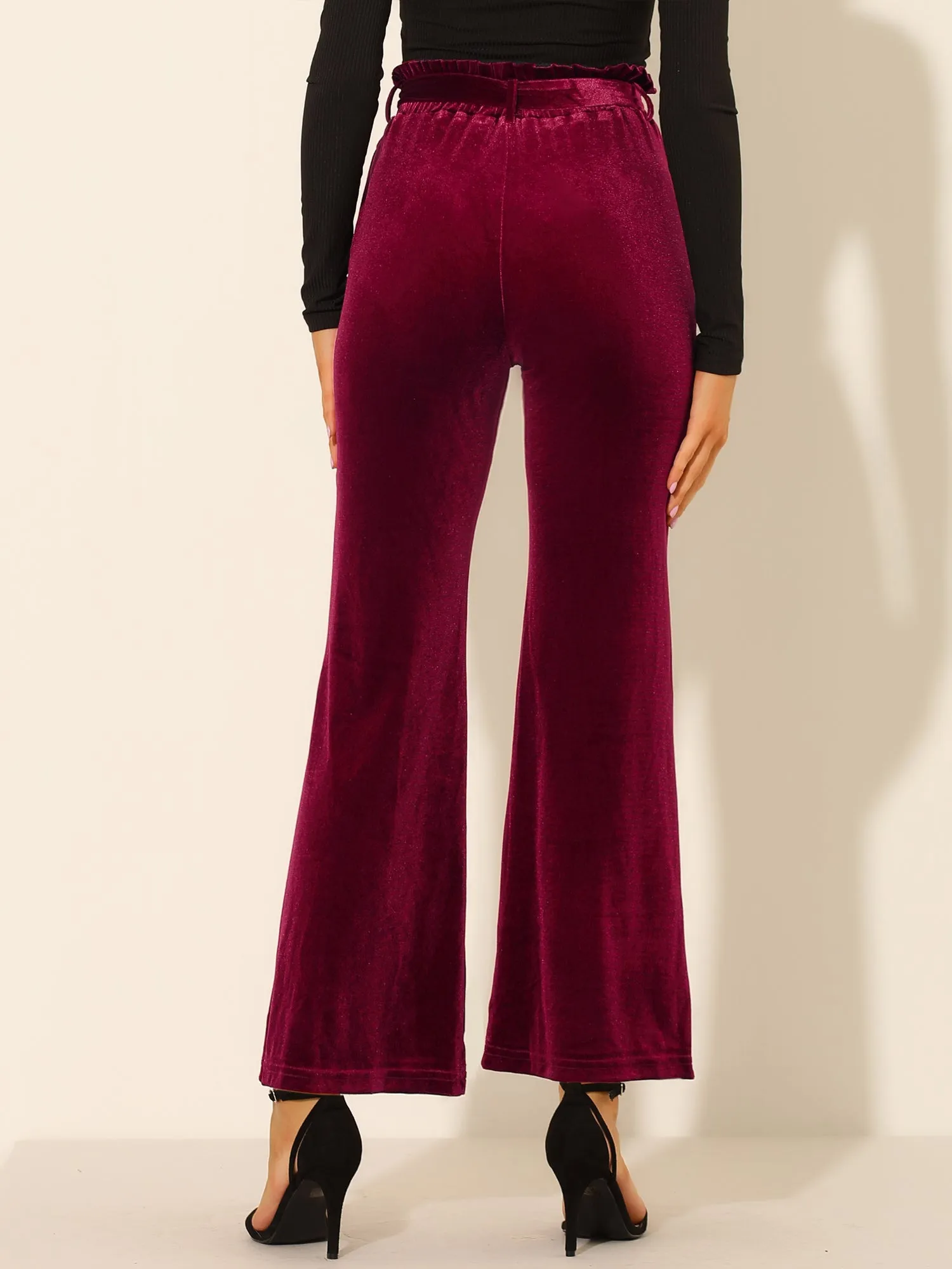 Velvet Tie Waist Pockets Stretchy Wide Leg Pants