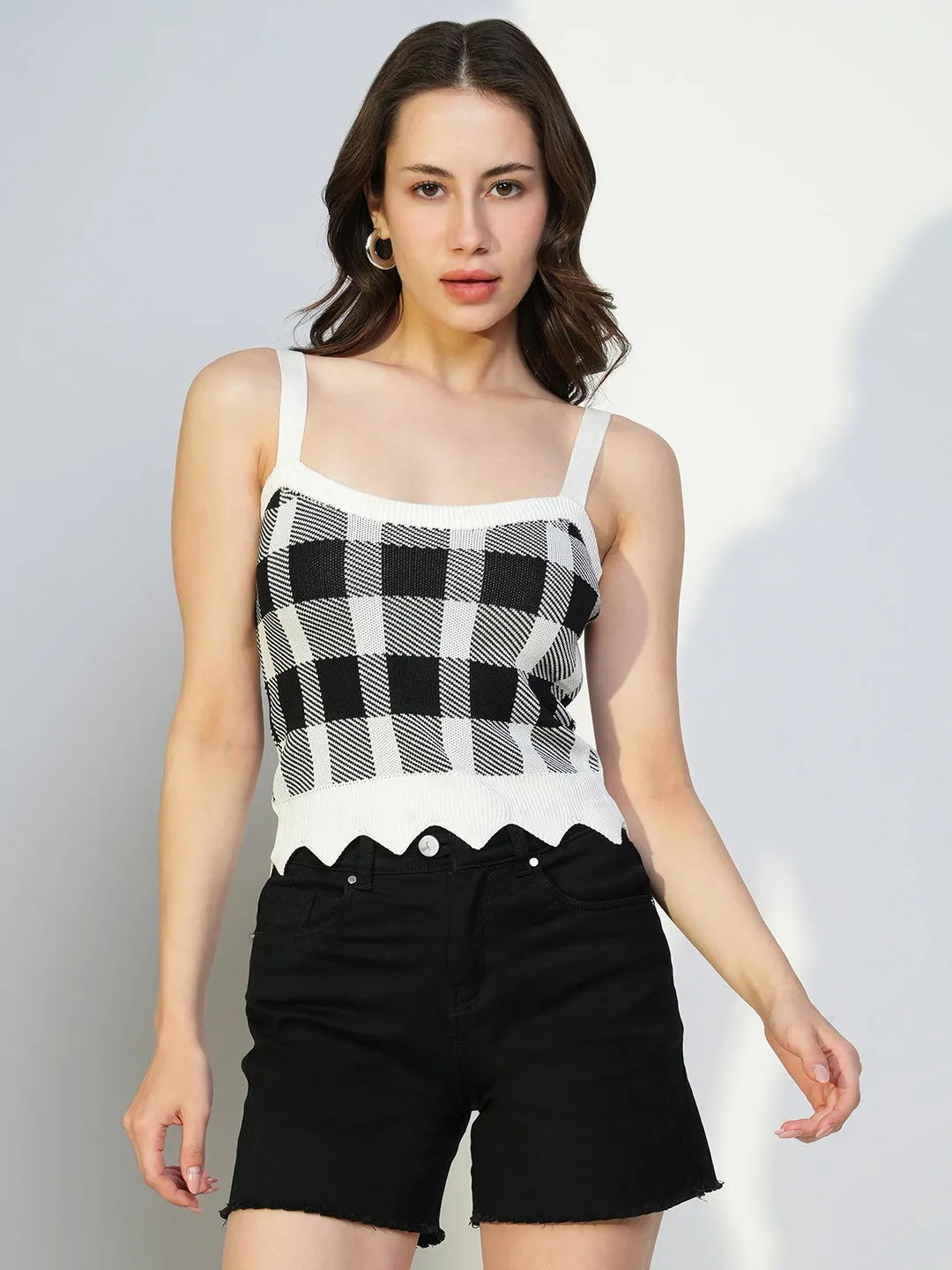 Women Black Checked Crop Top