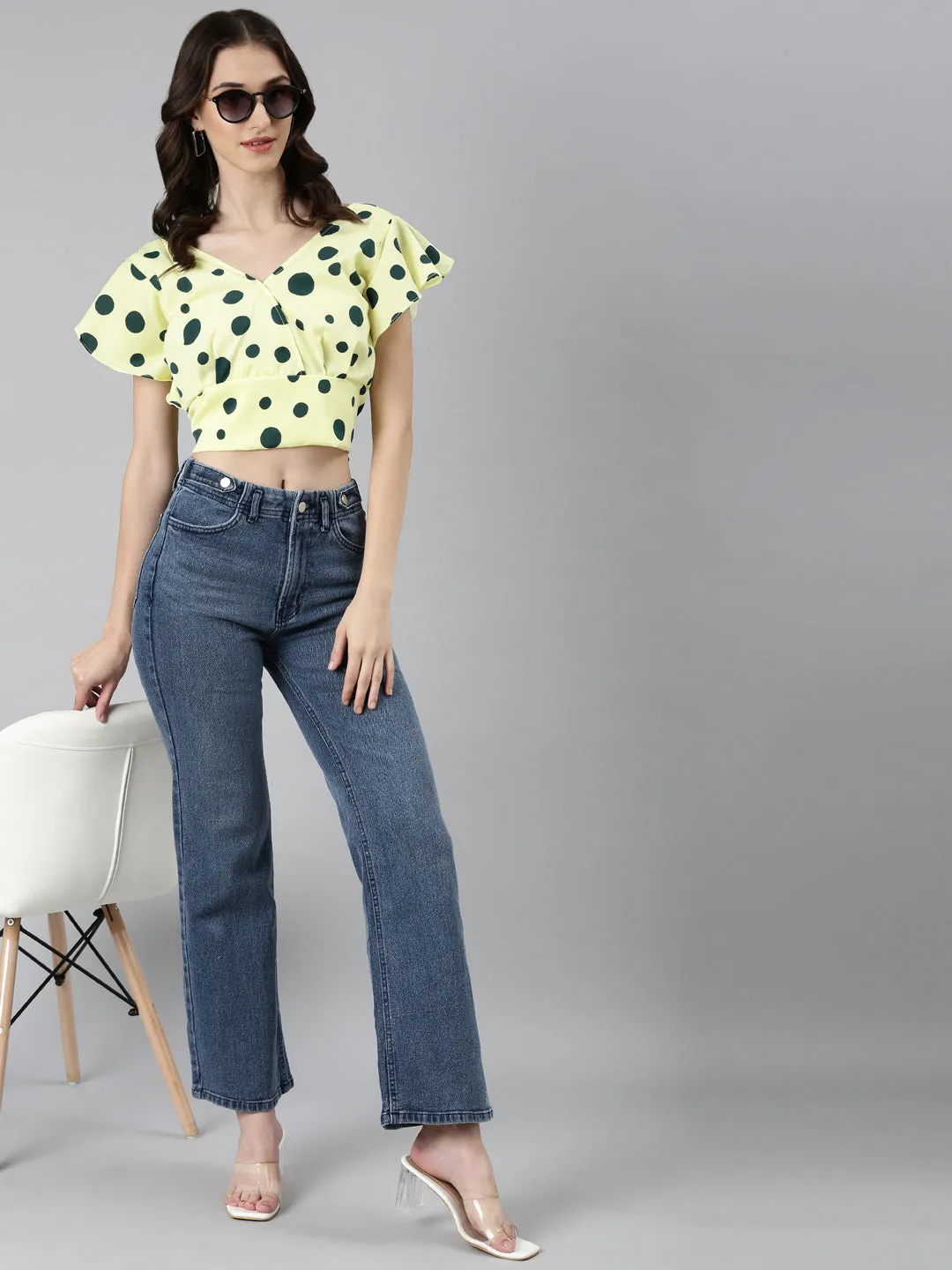 Women Lime Green Polka Dots Blouson Crop Top