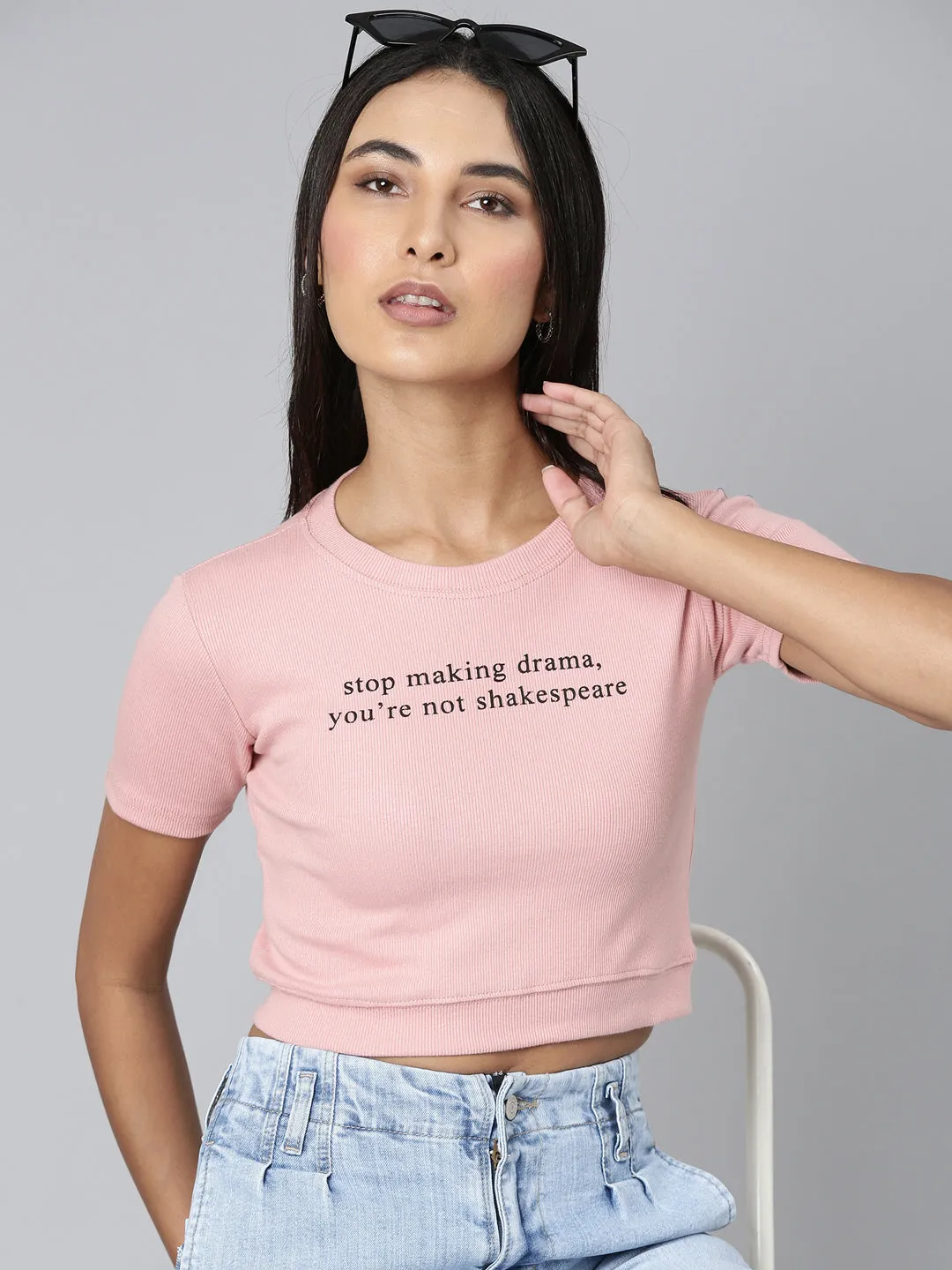 Women Peach Typographic Crop Slim Fit Tshirt