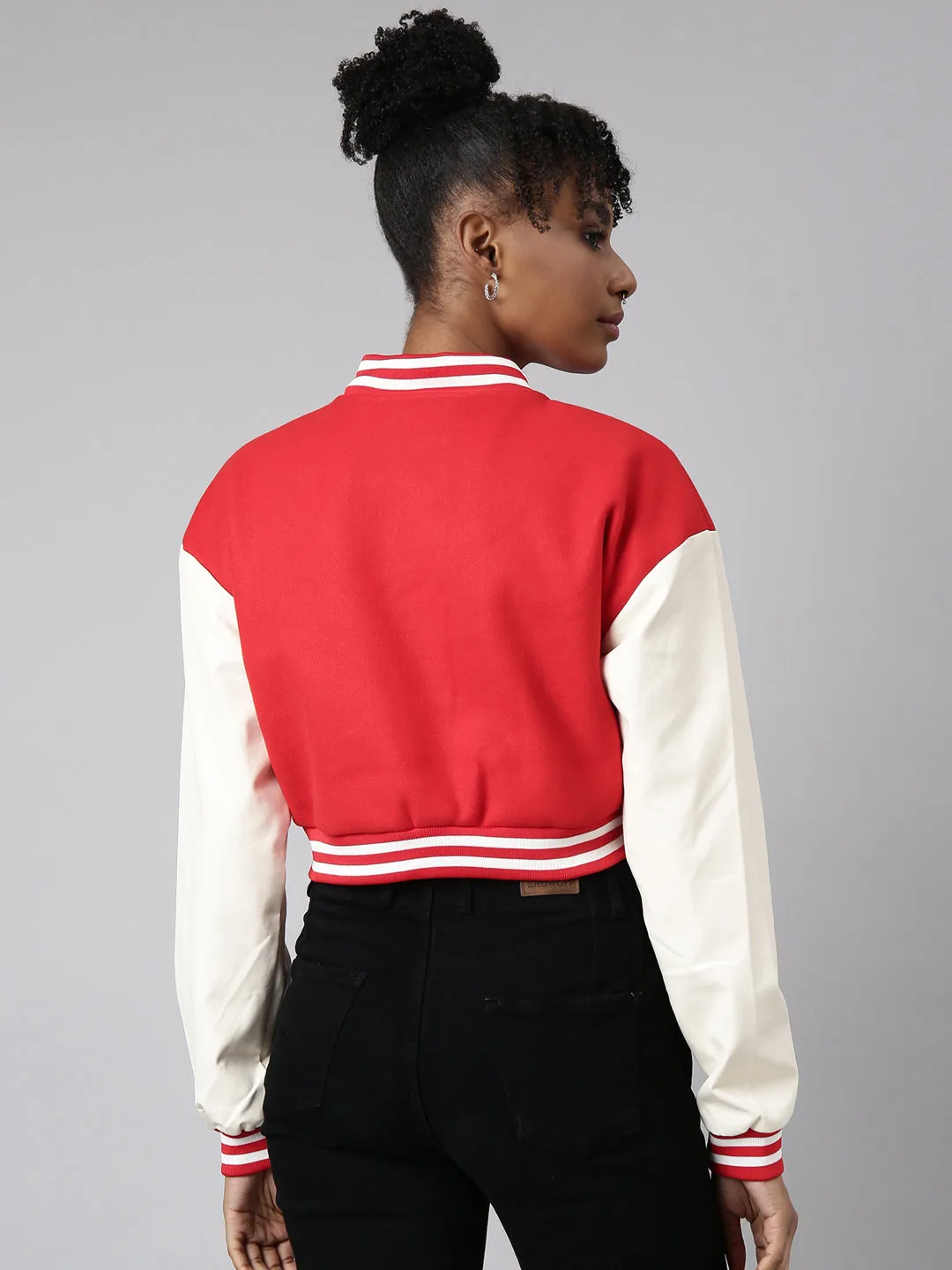 Women Solid Crop Red Drop Shoulder Oversized Varsity Jacket