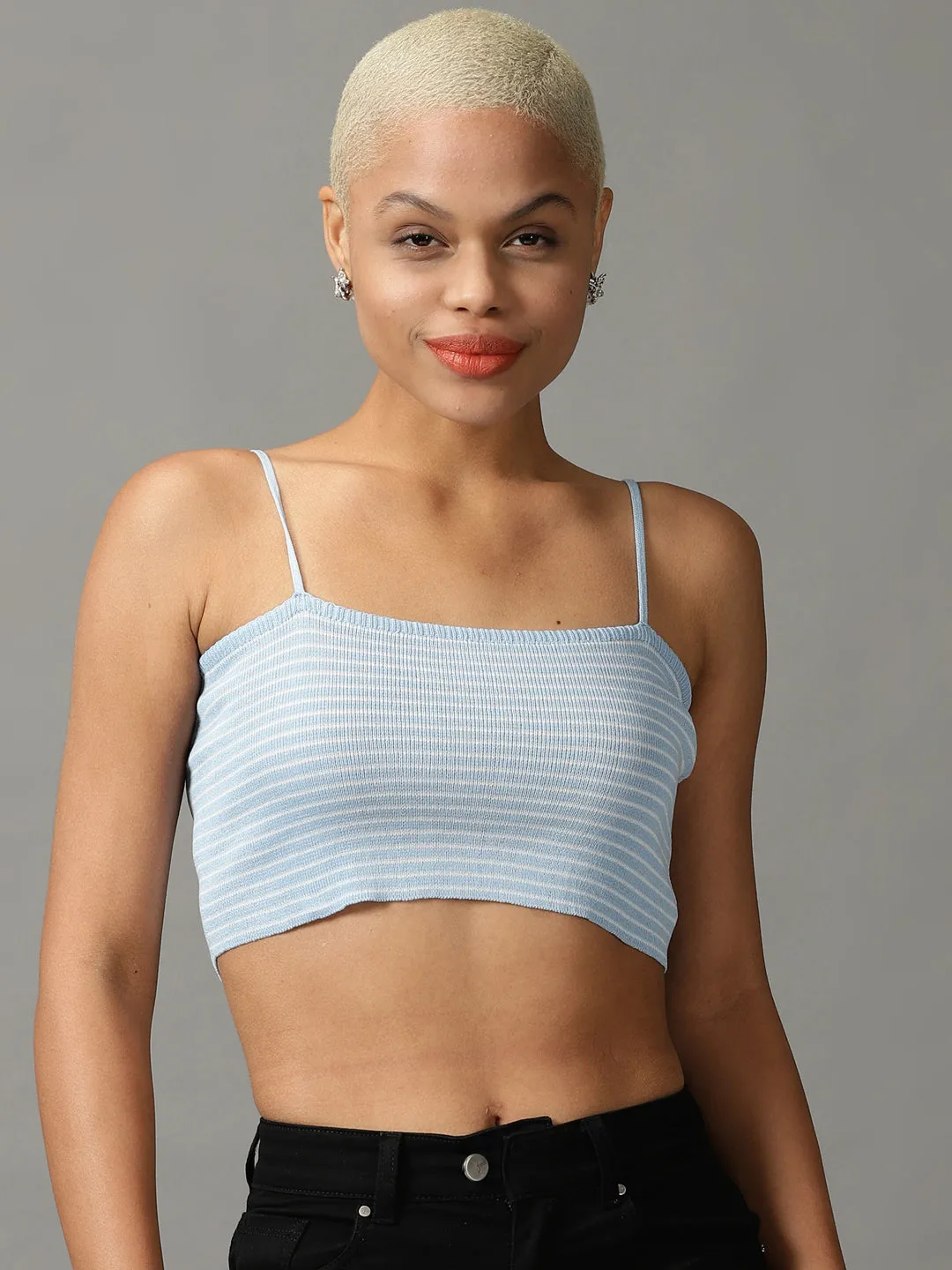 Women's Blue Striped Fitted Crop Top