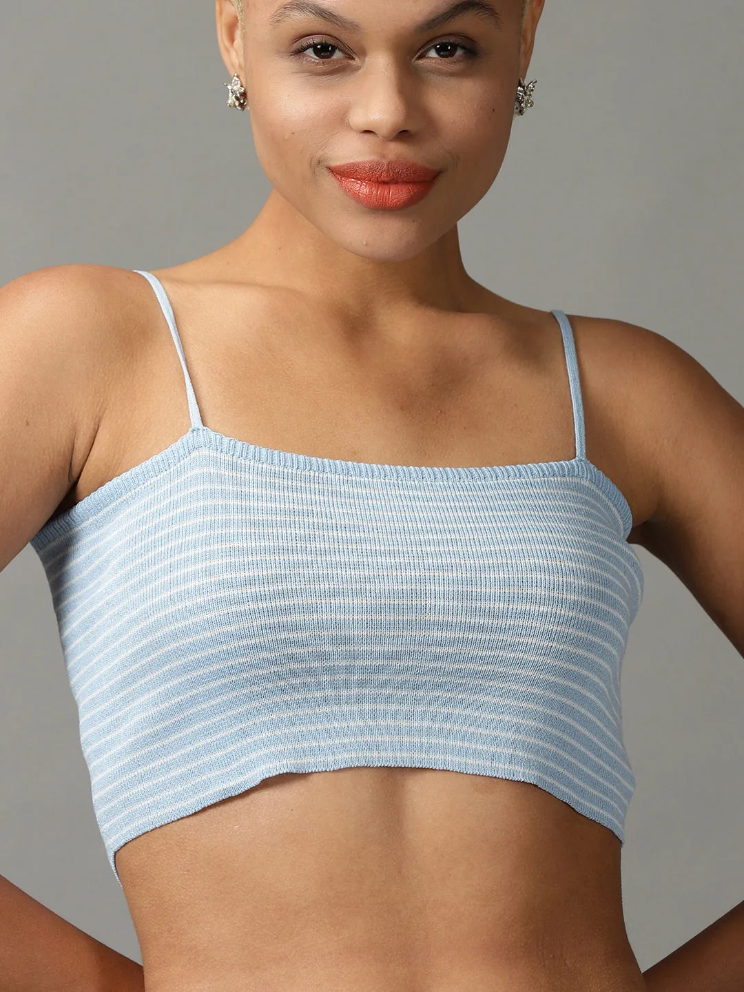 Women's Blue Striped Fitted Crop Top