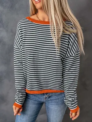 Women's Contrast Striped Dropped Shoulder Knitted Sweater