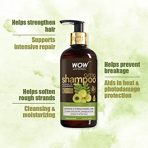 WOW Skin Science Amla Shampoo For Weak, Thin and Damage Prone Hair | Provide Healthy, Nourished and Strong Hair | No Parabens, Sulphates or Silicon | For Men & Women - 300 ml